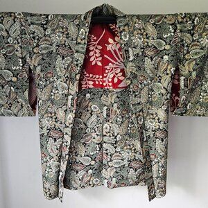 Vintage Silk Haori Kimono Jacket: Paisley Print, Silver Accents KY1093